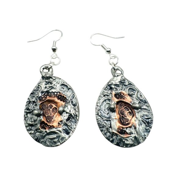 Artisan Mixed Metal Sugar Skull Earrings 925 Silver Hooks Silver Blend Metalwork - Picture 3 of 13